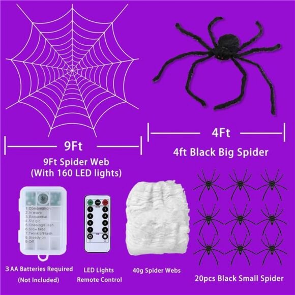 Halloween Decorations, 9FT Diameter Spider Web Lights with Black 4FT Spider - Picture 3 of 7